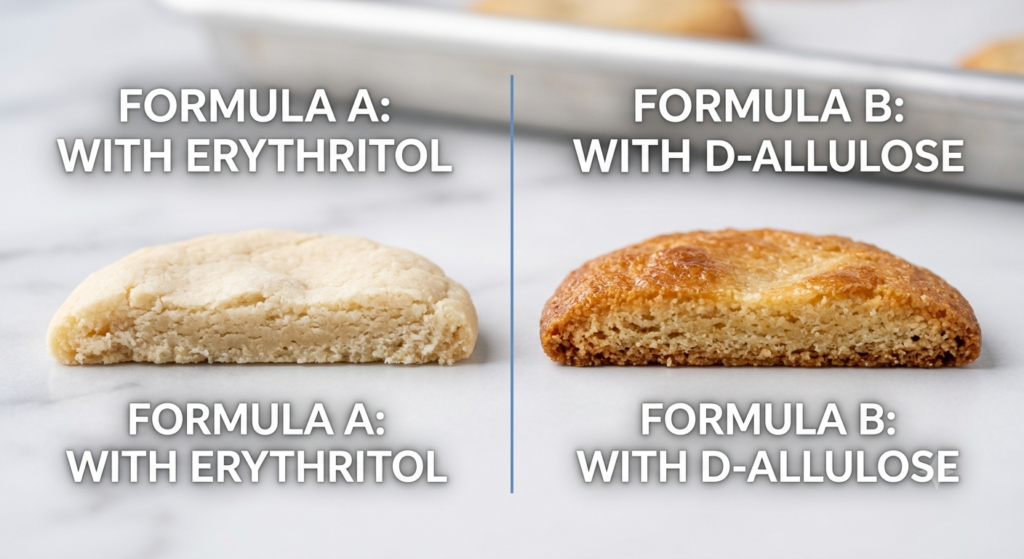 Comparative trial visual proof showing D-Allulose delivers a superior golden-brown browning effect in cookies compared to pale Erythritol, suitable for commercial baking formulations.
