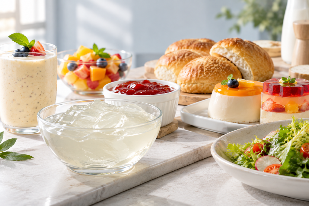 Sodium alginate food applications in sauces, fruit preparations, bakery products, desserts, and gel-based foods.