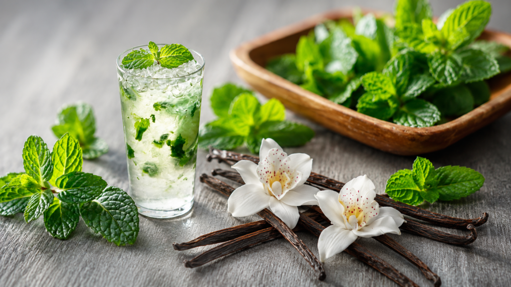High-purity industrial vanillin powder with natural vanilla pods, designed for heat-stable bakery and beverage formulations